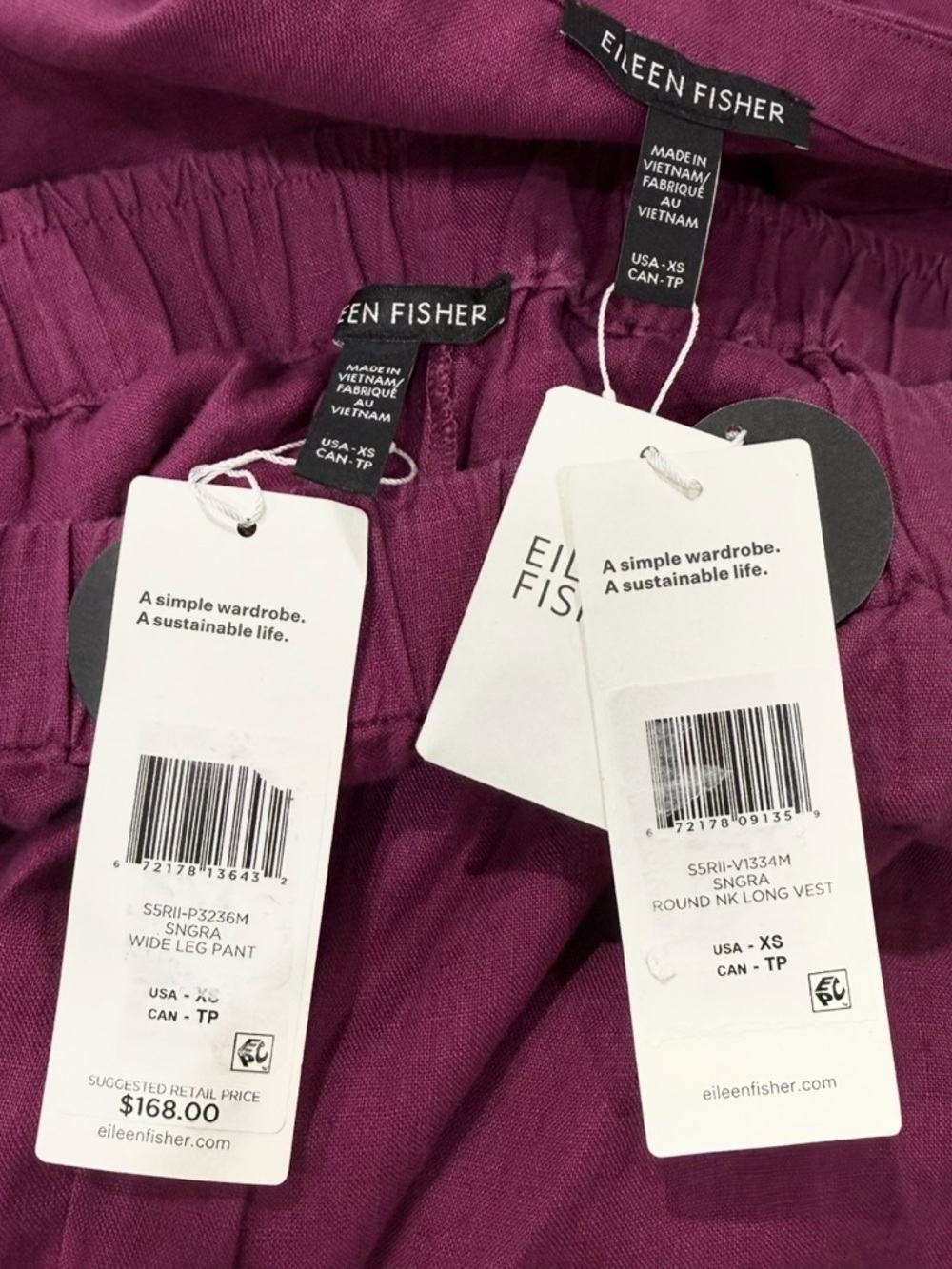 Eileen Fisher Organic Linen Crop Wide Pant & Round Neck Long Vest Set Sangria XS - Picture 9 of 16